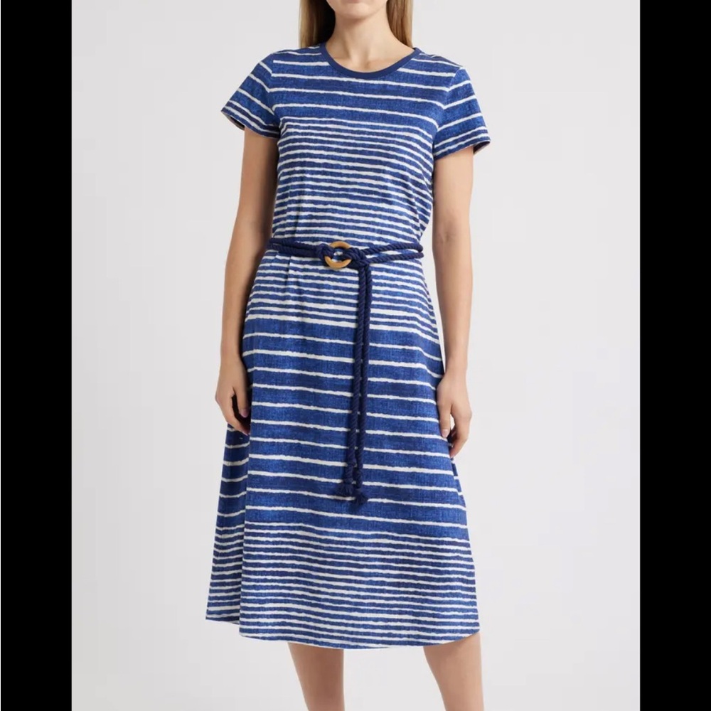 Tommy Bahama Blue and White Striped Short-Sleeve Midi Dress with Rope Belt